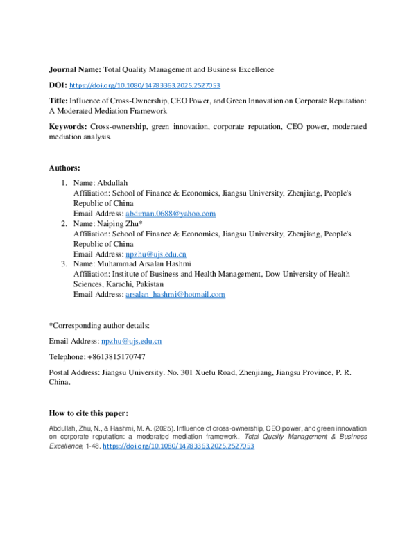 (PDF) Influence of Cross-Ownership, CEO Power, and Green Innovation on ...