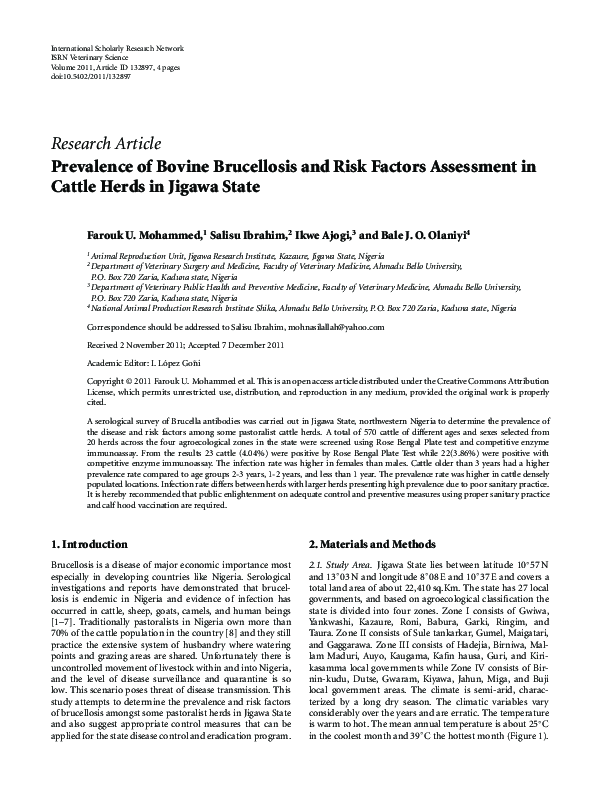 (PDF) Prevalence of Bovine Brucellosis and Risk Factors Assessment in ...