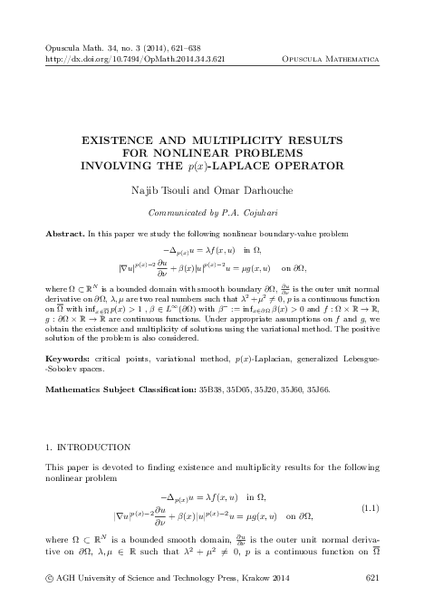 (PDF) Existence and multiplicity results for nonlinear problems ...