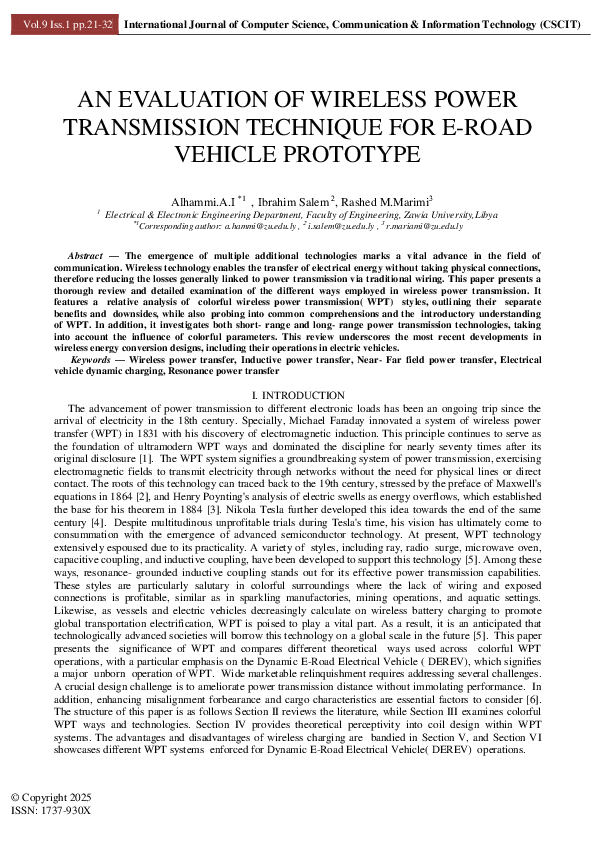 (PDF) AN EVALUATION OF WIRELESS POWER TRANSMISSION TECHNIQUE FOR E-ROAD ...