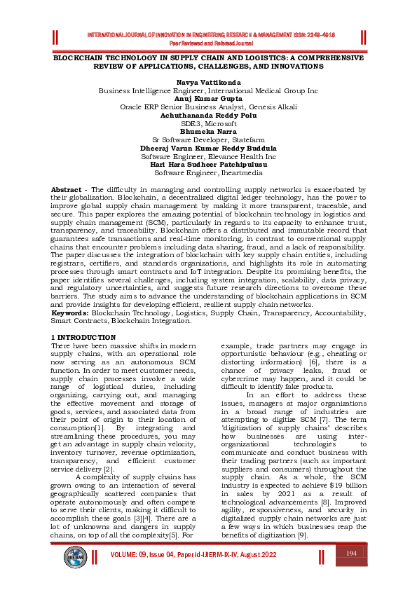 (PDF) BLOCKCHAIN TECHNOLOGY IN SUPPLY CHAIN AND LOGISTICS: A ...
