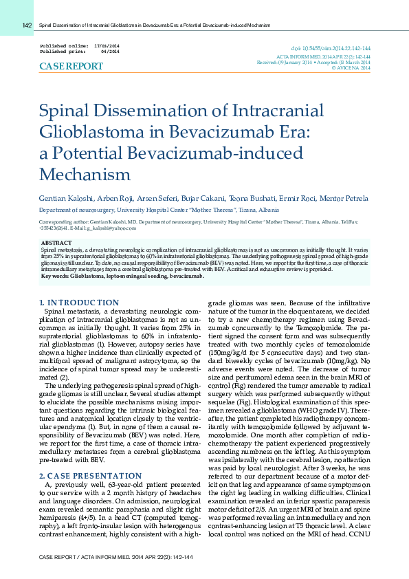 (PDF) Spinal Dissemination of Intracranial Glioblastoma in Bevacizumab ...