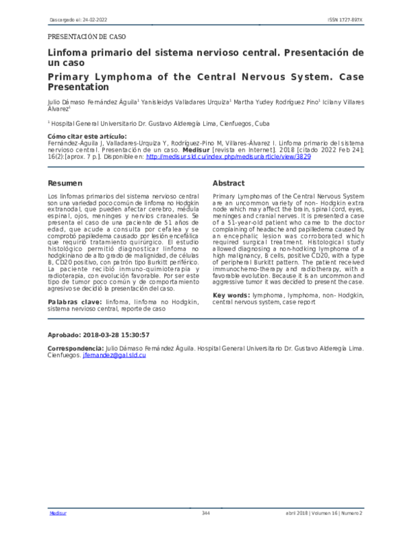 (PDF) Primary Lymphoma of the Central Nervous System. Case Presentation