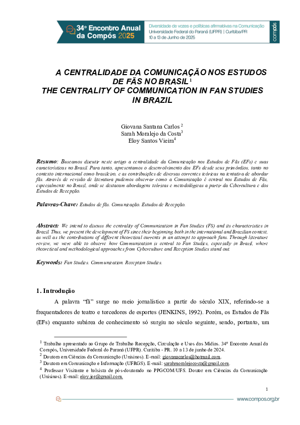 (PDF) A centralidade da Comunicação nos Estudos de Fãs no Brasil Compós