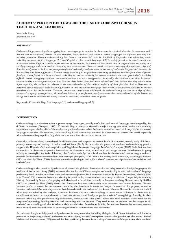 (PDF) Students’ Perception Towards the Use of Code-Switching in ...