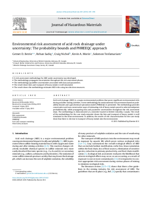 (PDF) Environmental risk assessment of acid rock drainage under ...