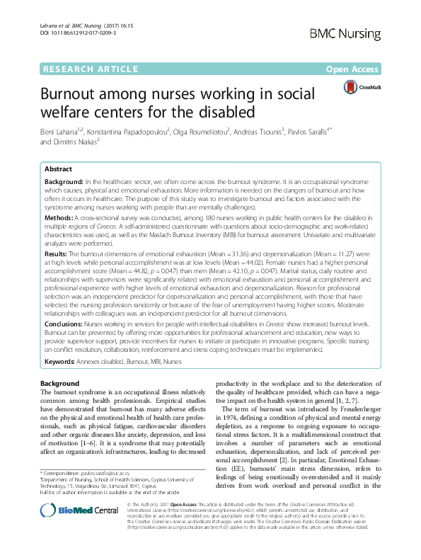 (PDF) Burnout among nurses working in social welfare centers for the ...