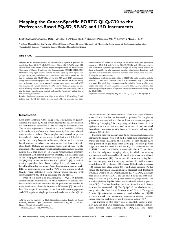 (PDF) Mapping the Cancer-Specific EORTC QLQ-C30 to the Preference-Based ...