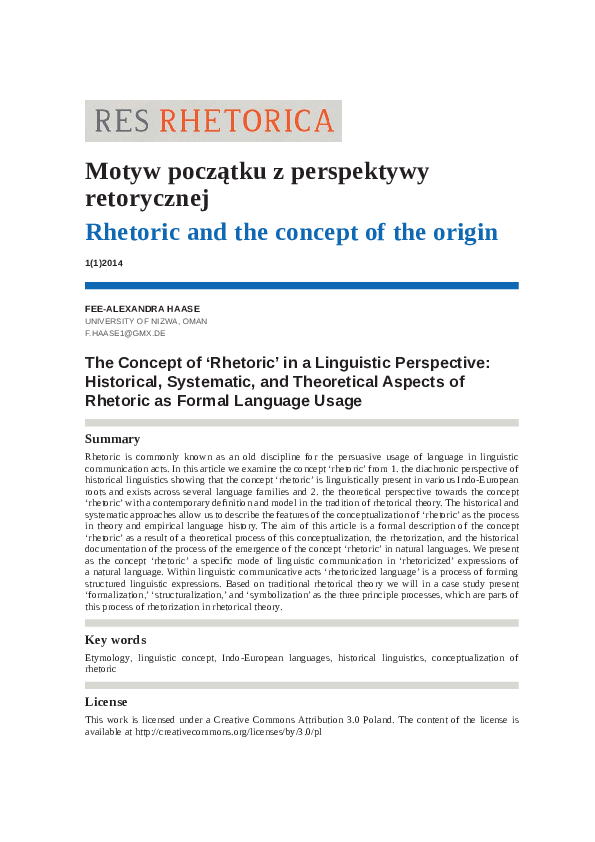 (PDF) The Concept of ‘Rhetoric’ in a Linguistic Perspective: Historical ...