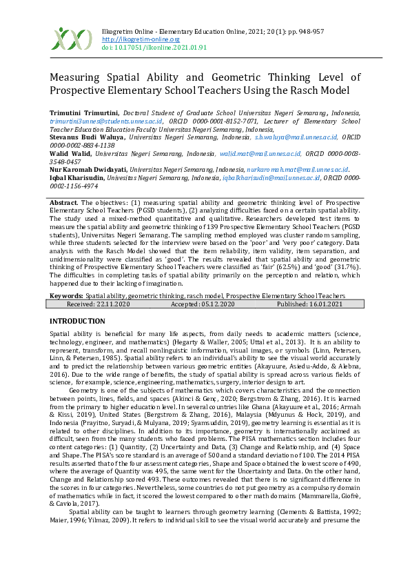 (PDF) Measuring Spatial Ability and Geometric Thinking Level of ...