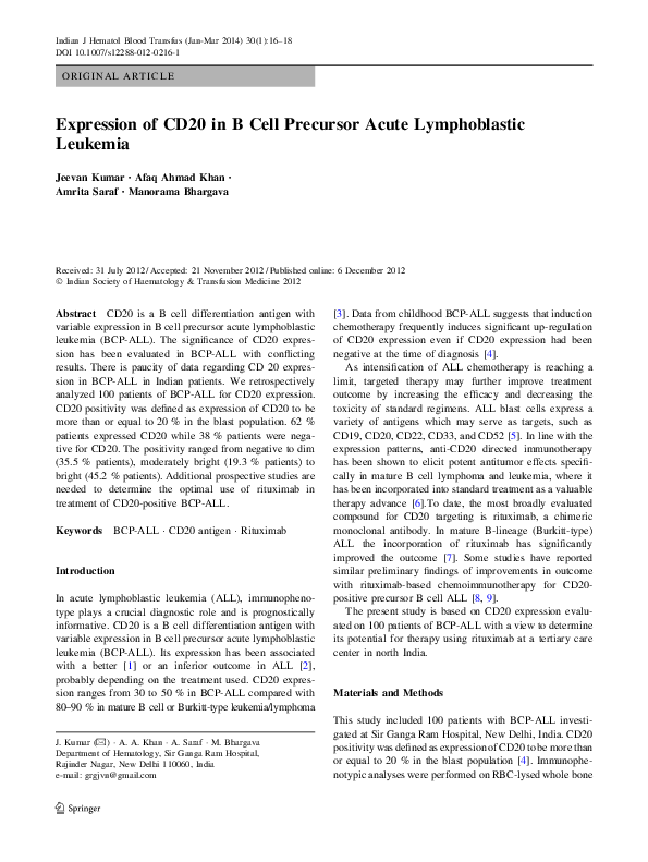 (PDF) Expression of CD20 in B Cell Precursor Acute Lymphoblastic Leukemia