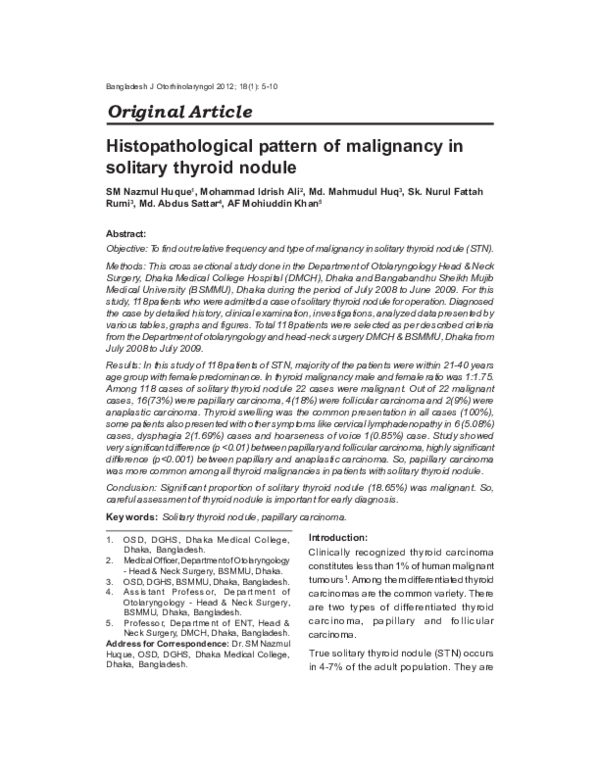 (PDF) Histopathological pattern of malignancy in solitary thyroid nodule