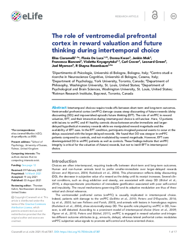 (PDF) The role of ventromedial prefrontal cortex in reward valuation ...