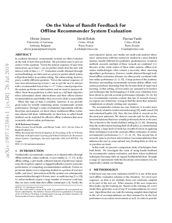 (PDF) On the Value of Bandit Feedback for Offline Recommender System ...