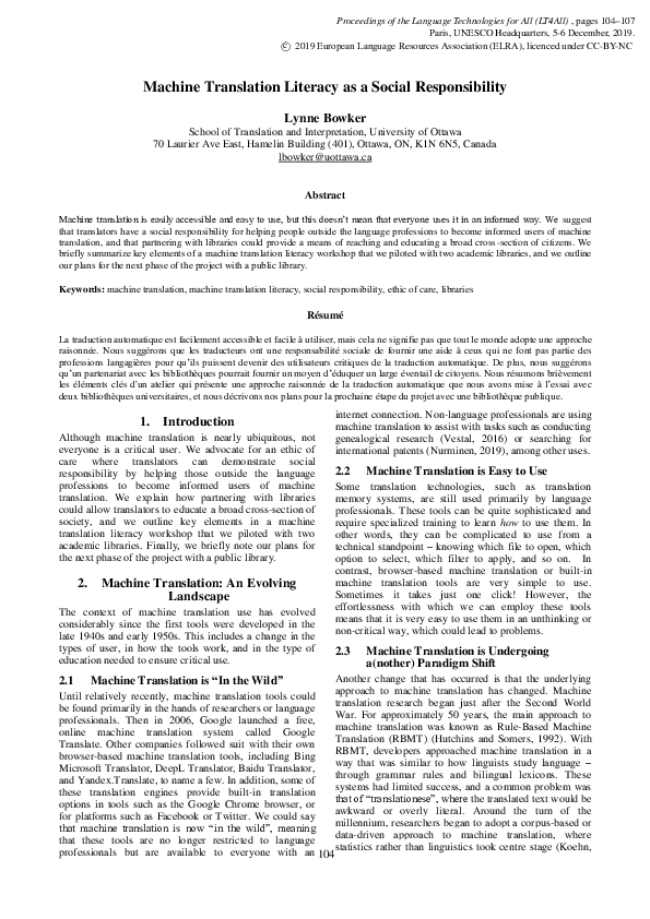 (PDF) Machine Translation Literacy as a Social Responsibility