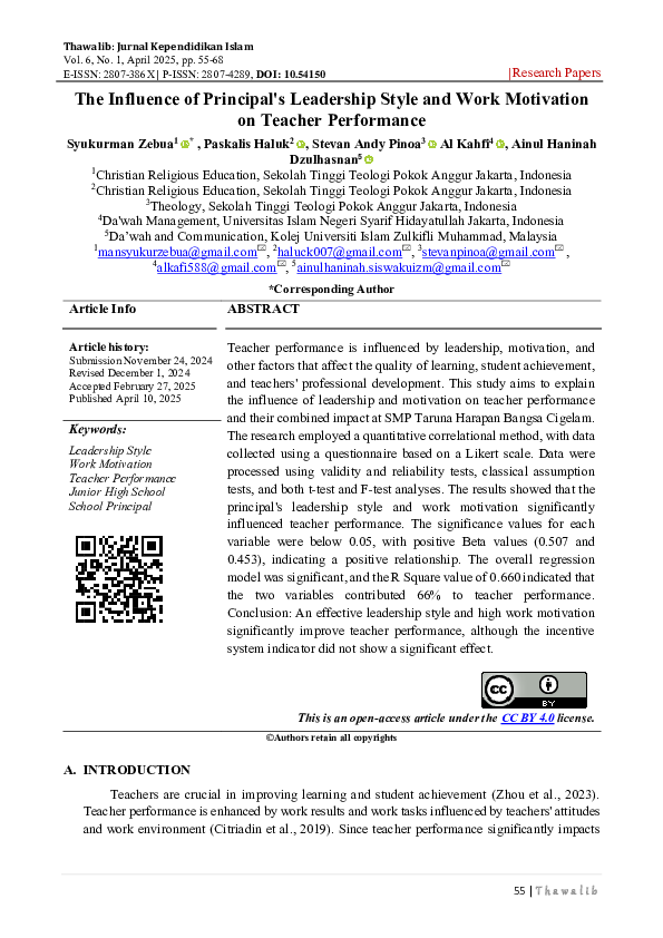 (PDF) The Influence of Principal's Leadership Style and Work Motivation ...