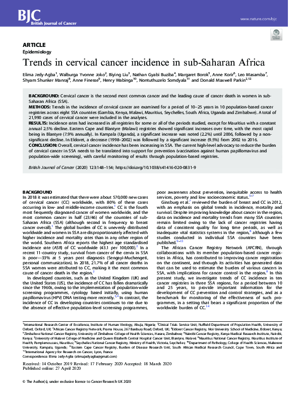(PDF) Trends in cervical cancer incidence in sub-Saharan Africa
