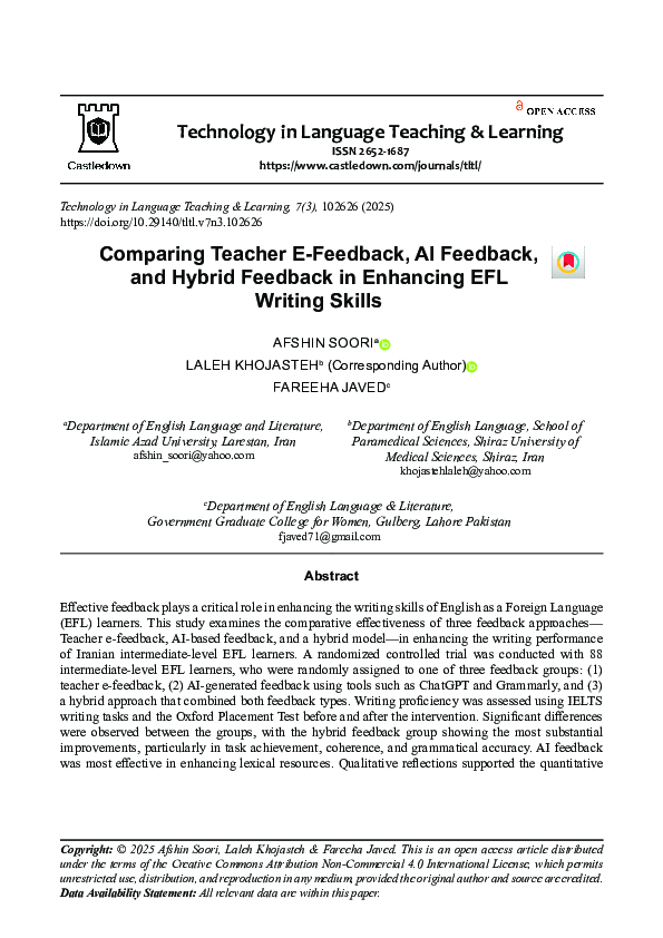 (PDF) Comparing Teacher E-Feedback, AI Feedback, and Hybrid Feedback in ...