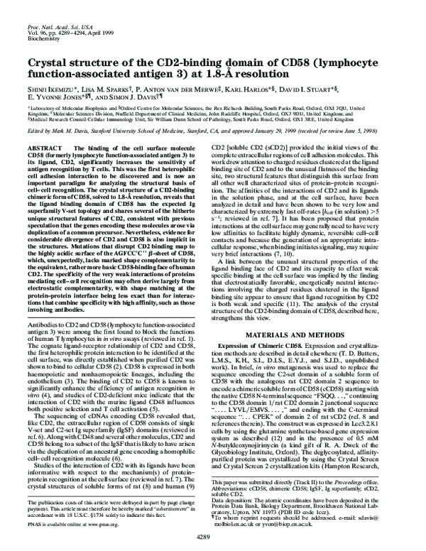 (PDF) Crystal structure of the CD2-binding domain of CD58 (lymphocyte ...