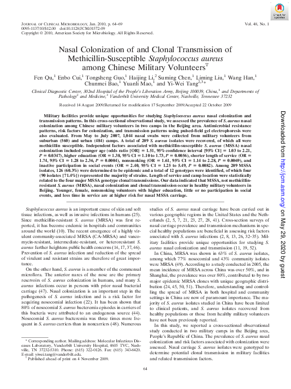 (PDF) Nasal Colonization of and Clonal Transmission of Methicillin ...