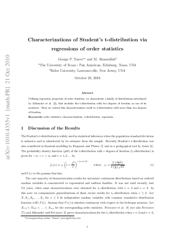 (PDF) Characterizations of Student's t-distribution via regressions of ...