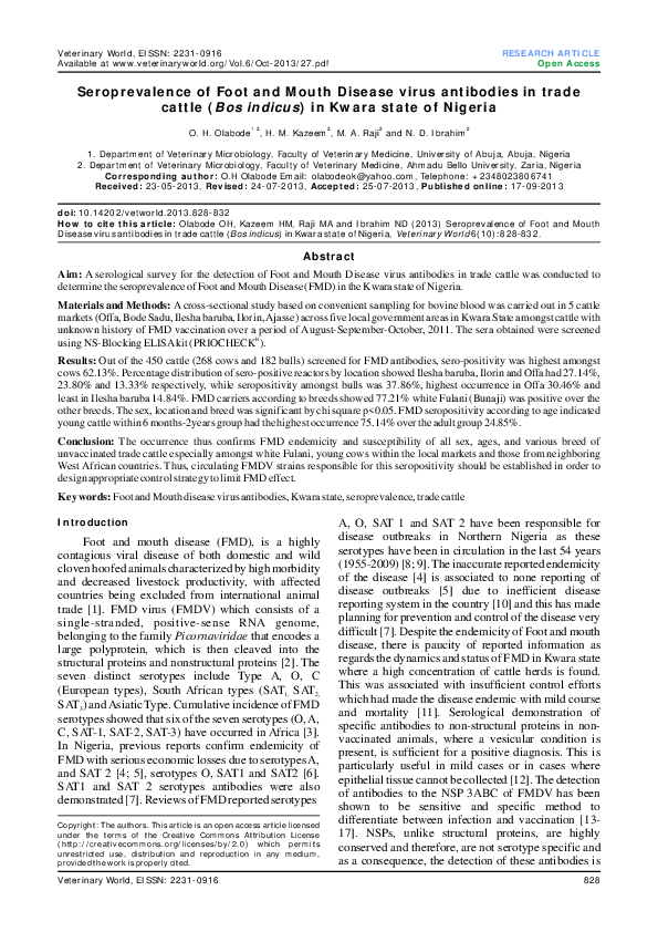 (PDF) Seroprevalence of Foot and Mouth Disease virus antibodies in ...