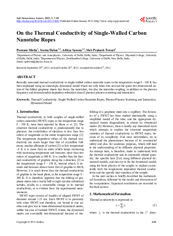 (PDF) On the Thermal Conductivity of Single-Walled Carbon Nanotube Ropes
