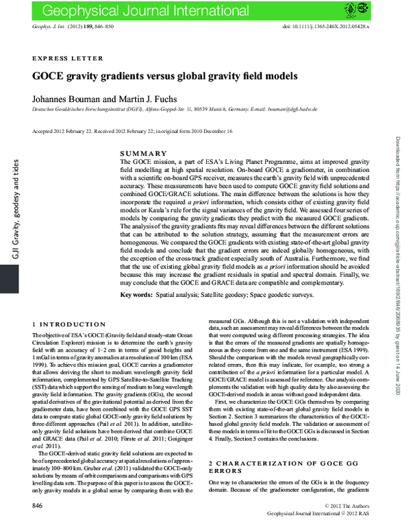 (PDF) GOCE gravity gradients versus global gravity field models