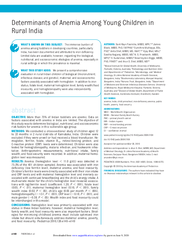 (PDF) Determinants of Anemia Among Young Children in Rural India