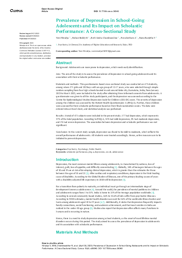 (PDF) Prevalence of Depression in School-Going Adolescents and Its ...