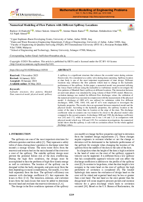 (PDF) Numerical Modeling of Flow Pattern with Different Spillway Locations