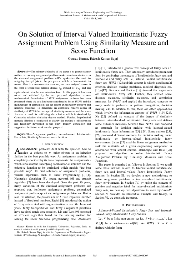 (PDF) On Solution of Interval Valued Intuitionistic Fuzzy Assignment ...