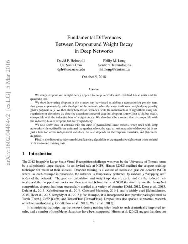 (PDF) Fundamental differences between Dropout and Weight Decay in Deep ...