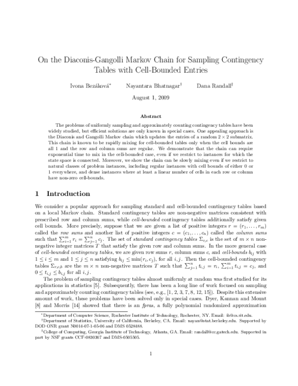 (PDF) On the Diaconis-Gangolli Markov chain for sampling contingency ...