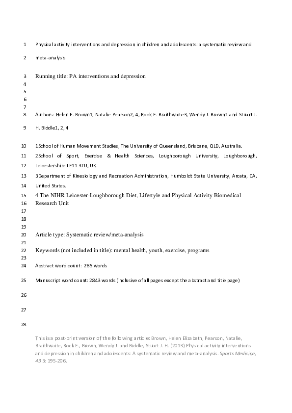 (PDF) Physical Activity Interventions and Depression in Children and ...