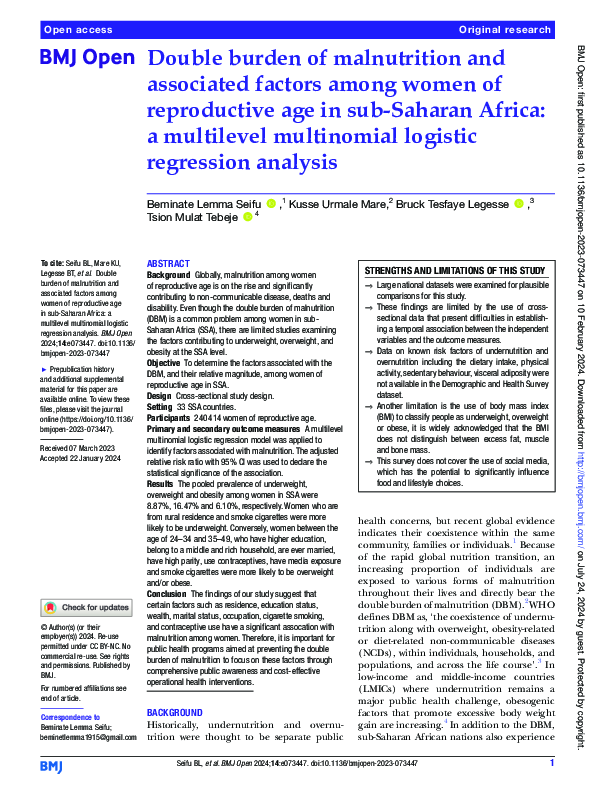 (PDF) Double burden of malnutrition and associated factors among women ...