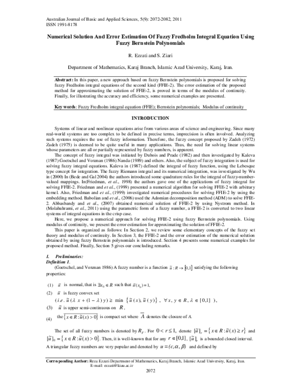 (PDF) Numerical Solution And Error Estimation Of Fuzzy Fredholm ...