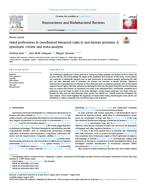 (PDF) Hand preferences in coordinated bimanual tasks in non-human ...