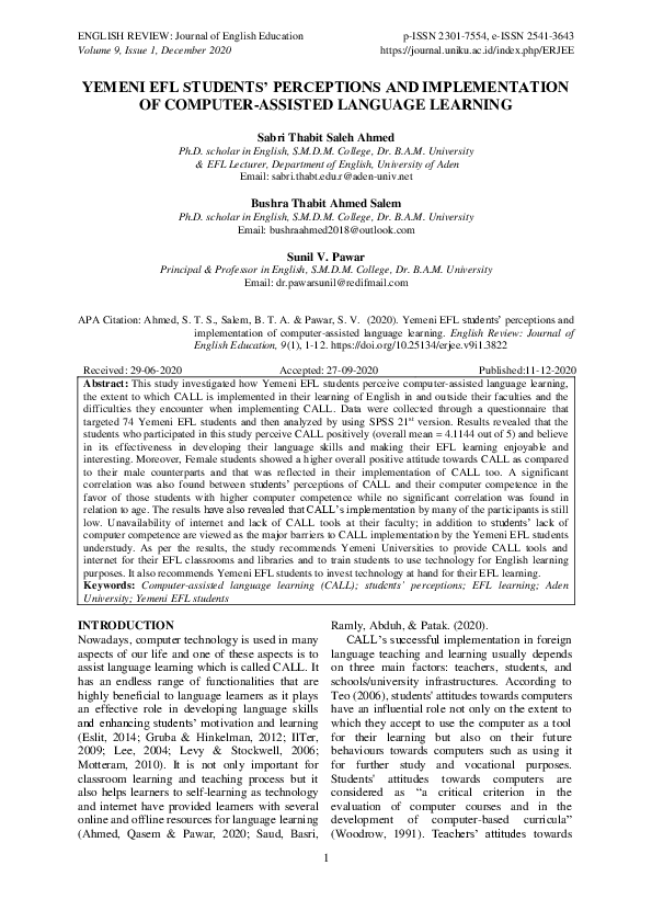 (PDF) Yemeni EFL students’ perceptions and implementation of computer ...