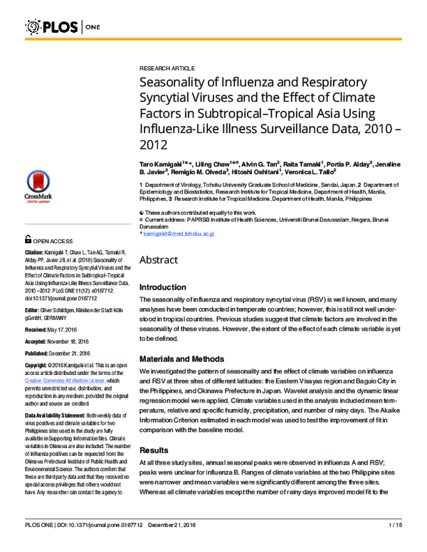 (PDF) Seasonality of Influenza and Respiratory Syncytial Viruses and ...