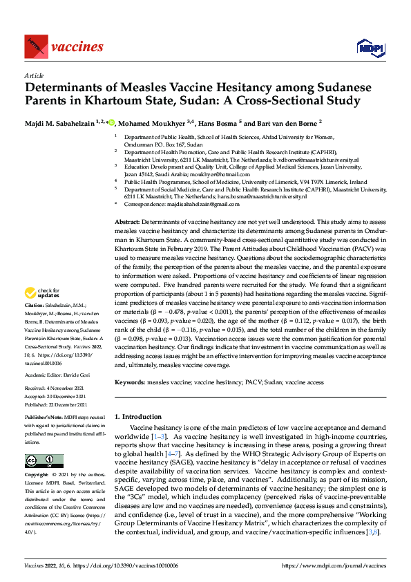 (PDF) Determinants of Measles Vaccine Hesitancy among Sudanese Parents ...