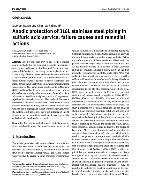 (PDF) Anodic protection of 316L stainless steel piping in sulfuric acid ...