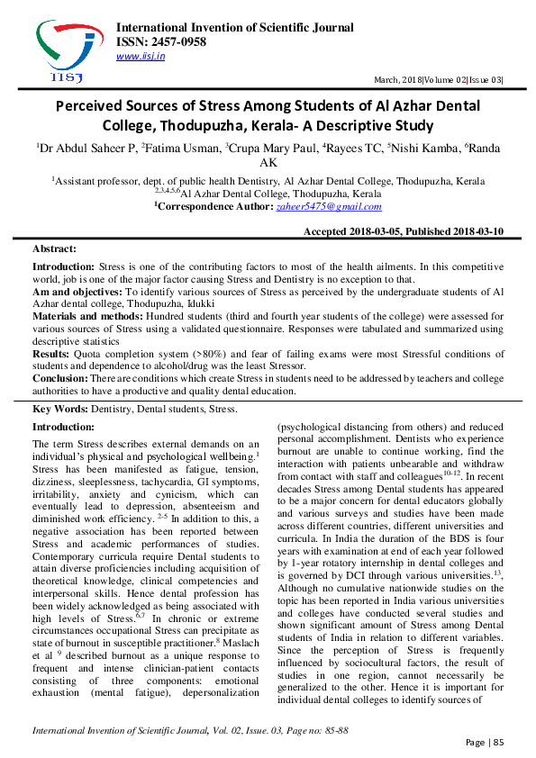 (PDF) Perceived Sources of Stress Among Students of Al Azhar Dental ...