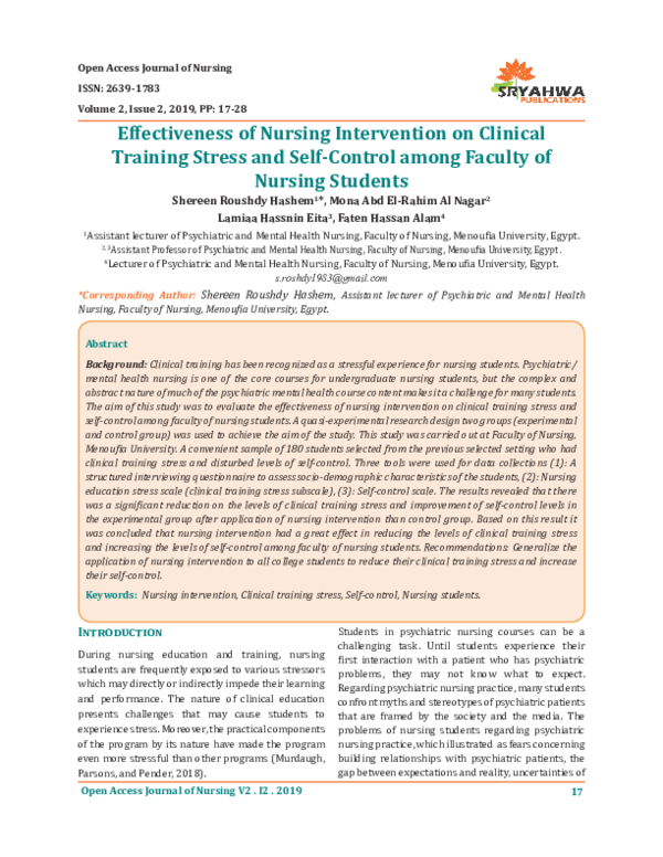 (PDF) Effectiveness of Nursing Intervention on Clinical Training Stress ...