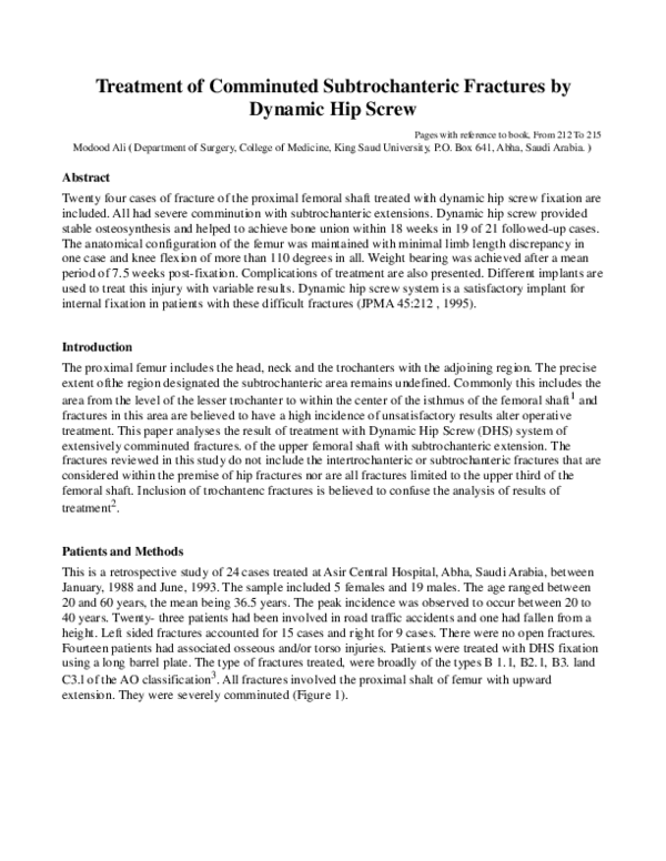 (PDF) Treatment of comminuted subtrochanteric fractures by dynamic hip ...