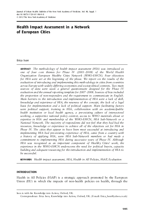(PDF) Health Impact Assessment in a Network of European Cities
