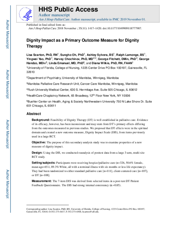 (PDF) Dignity Impact as a Primary Outcome Measure for Dignity Therapy