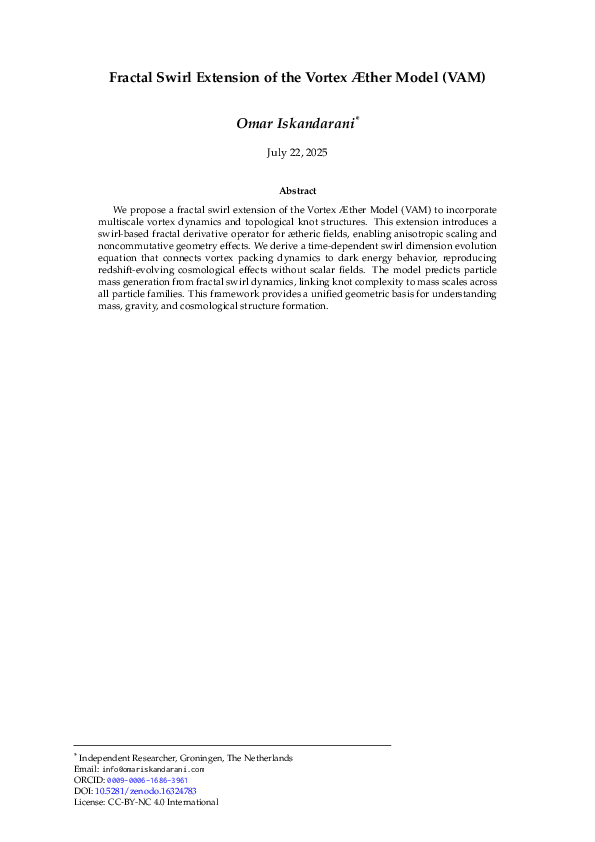 (PDF) Fractal Swirl Extension of the Vortex Æther Model (VAM)