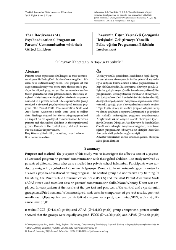 (PDF) The Effectiveness of a Psychoeducational Program on Parents ...