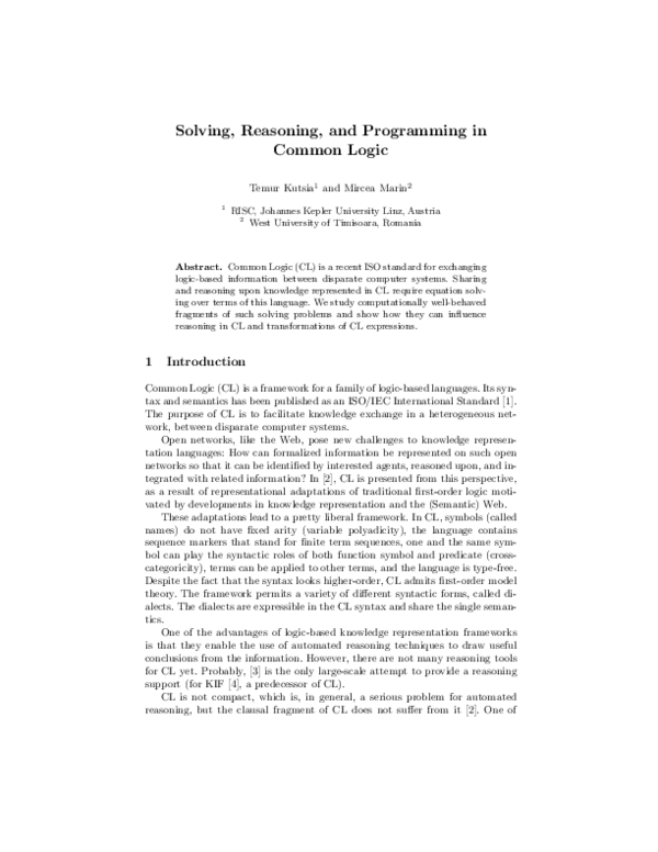 (PDF) Solving, Reasoning, and Programming in Common Logic